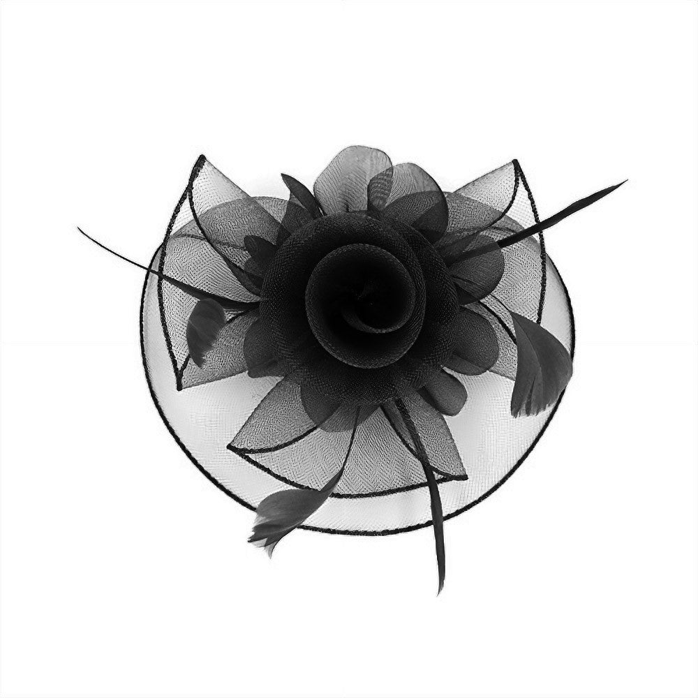 Flower Feather Mesh Bow Fascinator / Headband Hair Punch Clip Black 7" X 7"