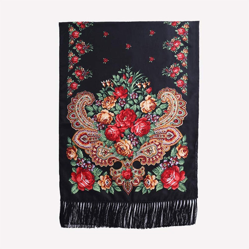 Black Floral Paisley Russian Style Scarf Shawl Polyester Fringe 67" x 27.5"