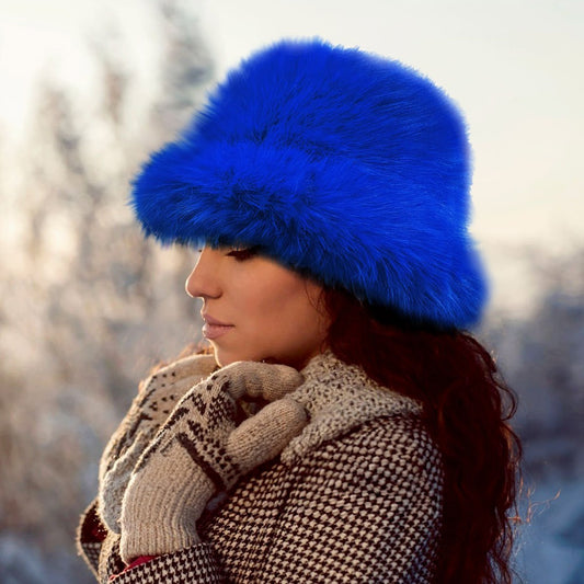 Electric Blue Faux Fur Bucket Hat Winter Warm Cozy Shaggy Statement Hats Unisex