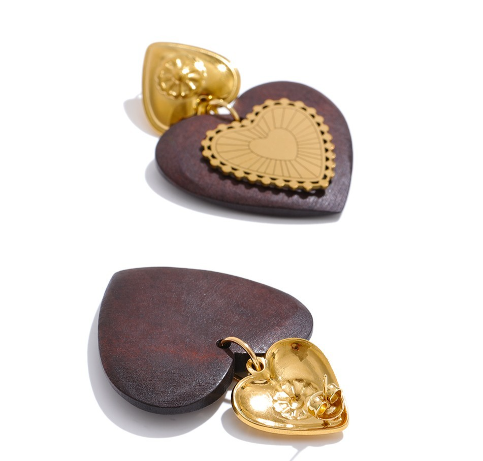 Wood Heart Dangle Earrings 18K Gold Plated Stainless Steel Drop