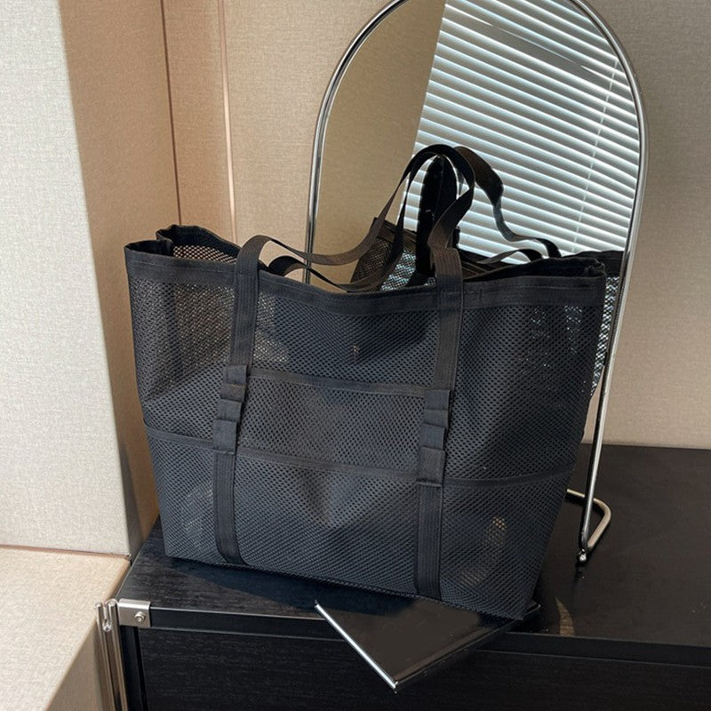 Extra Large Mesh Tote Bag Black Shoulder Beach Gym Travel Organizer Pockets