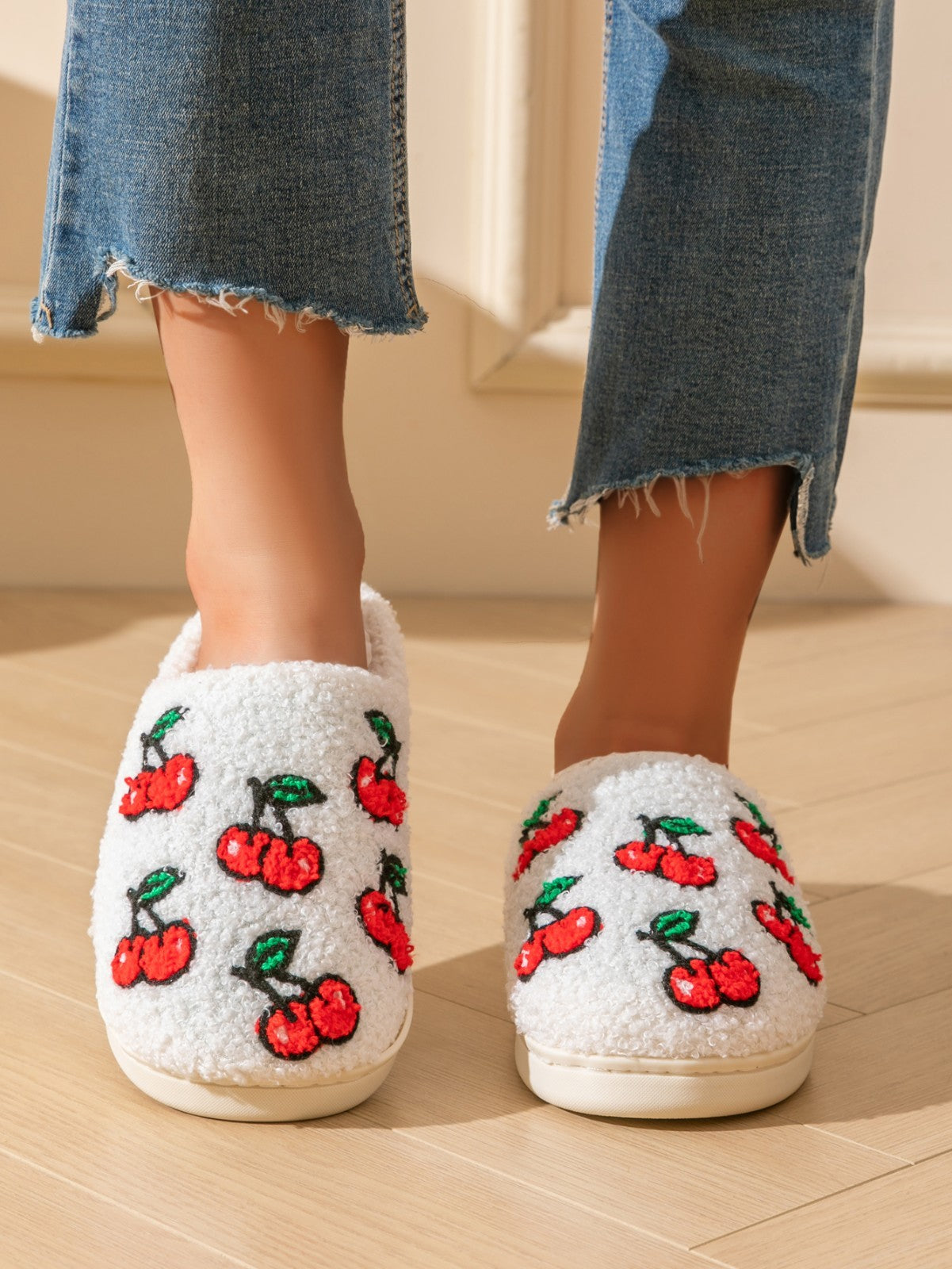 Warm Cherry House Slippers Women Sherpa Plush Fuzzy Non-Slip Indoor Home Shoes