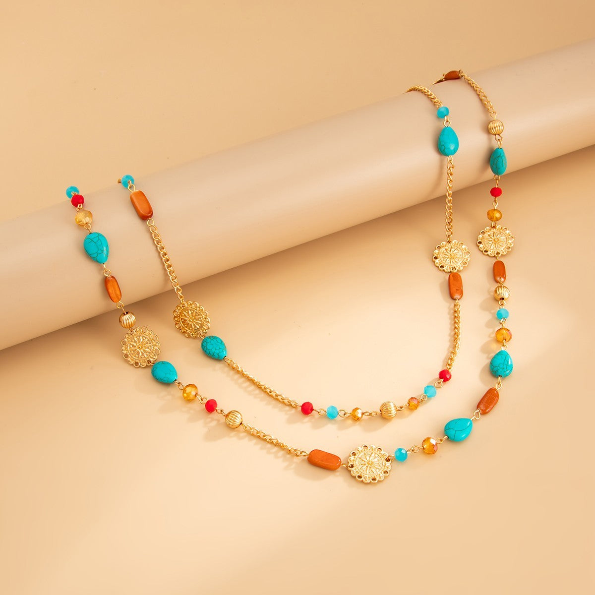 Bohemian Turquoise Beaded Multi-Strand Gold Coin Statement Necklace