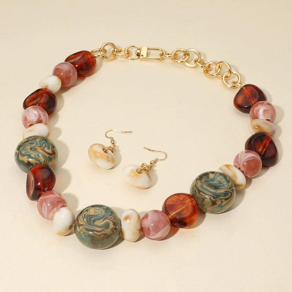 Chunky Marble Resin Bead Statement Necklace & Earring Set Gold Tone