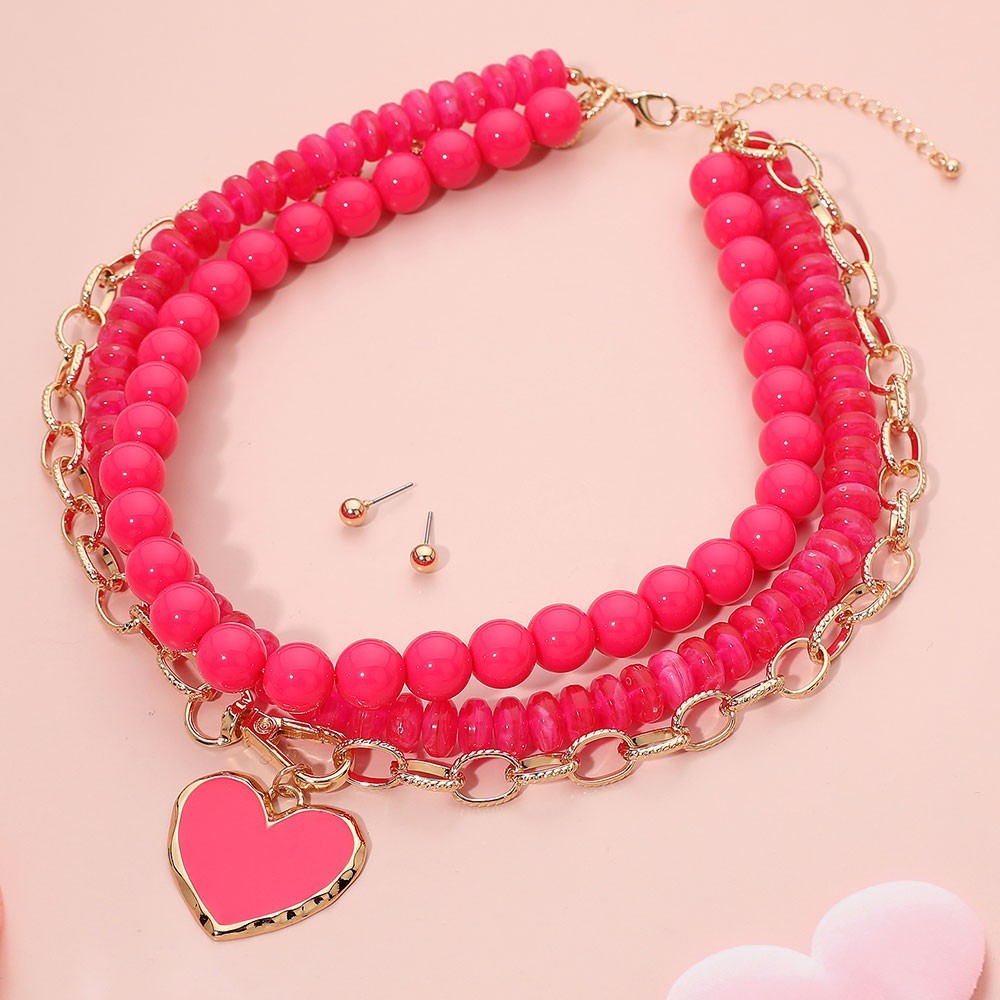 Neon Pink Beaded Layered Heart Charm Choker Necklace Stud Earrings Set