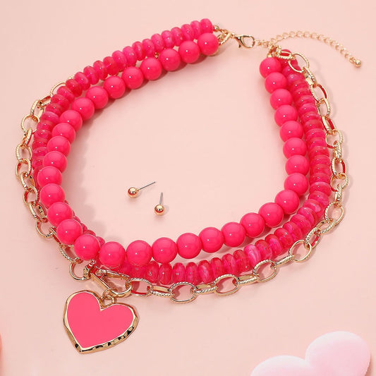 Neon Pink Beaded Layered Heart Charm Choker Necklace Stud Earrings Set