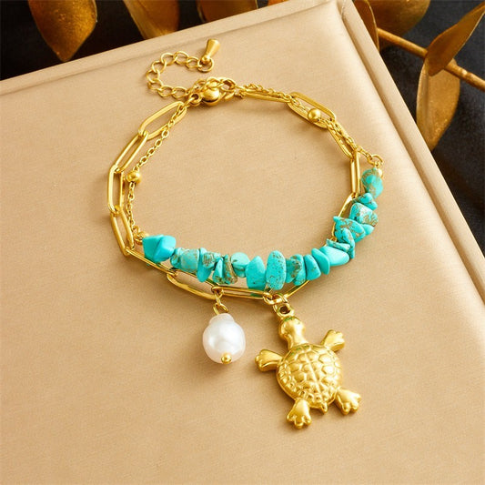 Turquoise Stone & Gold Turtle Charm Bracelet with Pearl Accent - Boho Jewelry