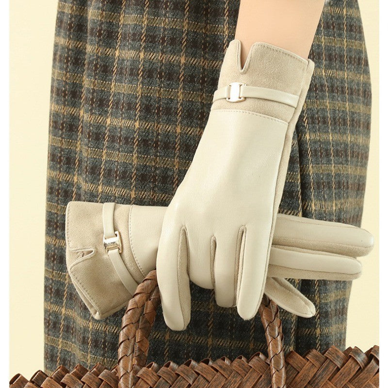 Women's Winter Gloves 2 Pairs Black Beige Gold Buckle Accent Smart Device Gloves