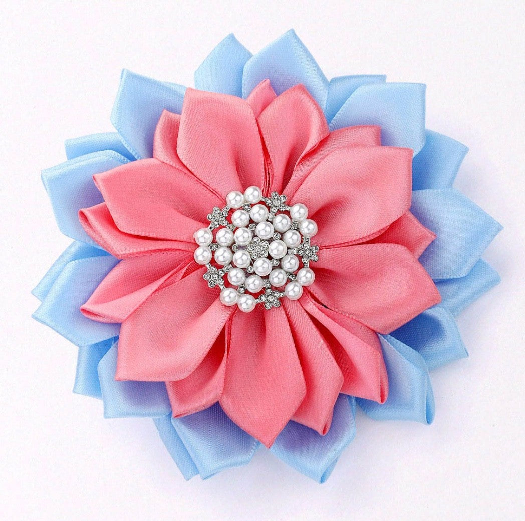 Large Pink and Blue Fabric Flower Brooch Pearl Rhinestone Center Hair Clip Pin