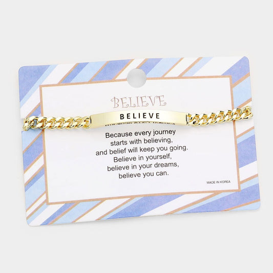 BELIEVE Message Bar Bracelet Inspirational Curved Metal Cuff Gift for Women
