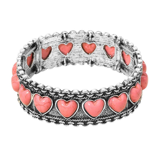 Antique Metal Boho Heart Stone Accent Stretch Bracelet Women’s Vintage Jewelry