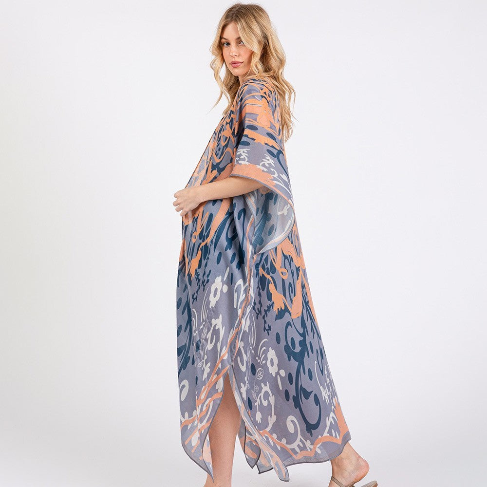 Women’s Boho Print Long Kimono Duster Sheer Cover Up Open Front Poncho