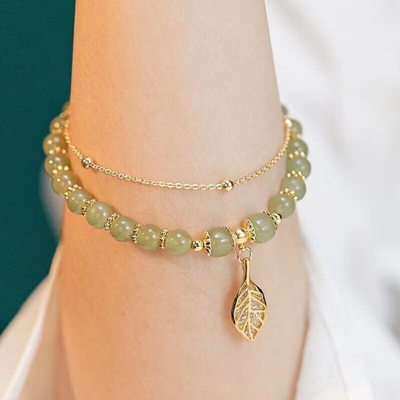 3pcs Green Jade Beaded Bracelets with Gold Leaf Charm & Chain Women's Jewelry