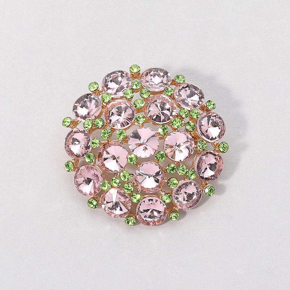 2pcs Pink and Green Rhinestone Round Flower Brooch Pin Gold Tone Jewelry Set