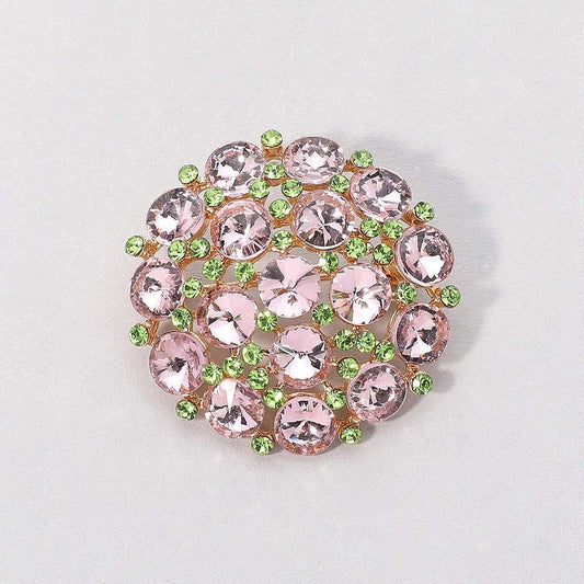 2pcs Pink and Green Rhinestone Round Flower Brooch Pin Gold Tone Jewelry Set
