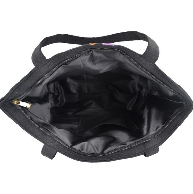 Vintage Red Floral Embroidered Black Canvas Tote Bag Handbag Purse