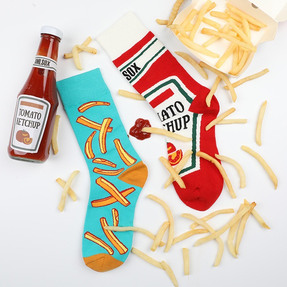 Fun Mismatched Socks French Fries and Ketchup Bottle Print Colorful Novelty Crew