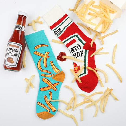 Fun Mismatched Socks French Fries and Ketchup Bottle Print Colorful Novelty Crew
