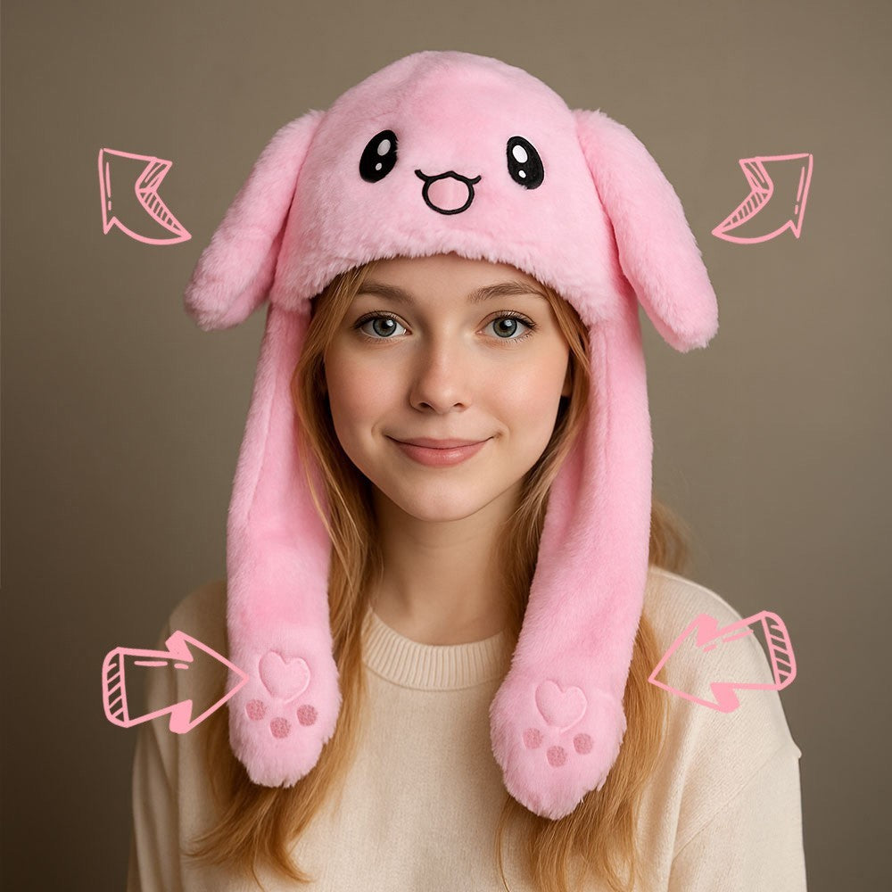 One Size Soft Plush Bunny Ear Flaps & Dangling Paws Winter Hat for Women Pink