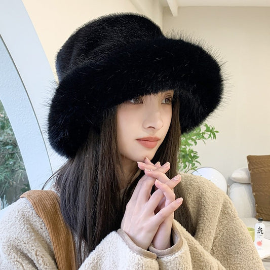 Faux Fur Bucket Hat Women Winter Warm Fluffy Fisherman Cap Black Adjustabl