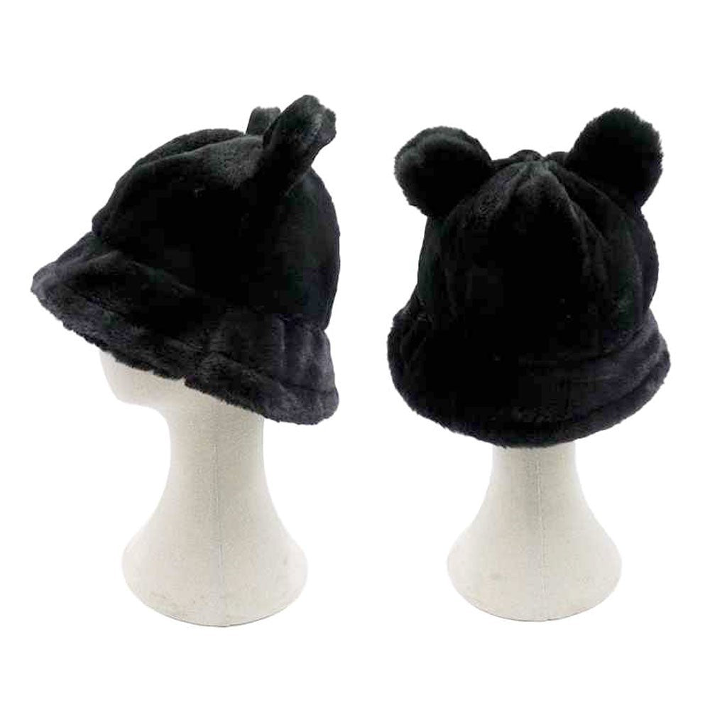 Cozy Plush Bucket Hat With Ears Black Winter Accessory Unisex Funny Hats Cold