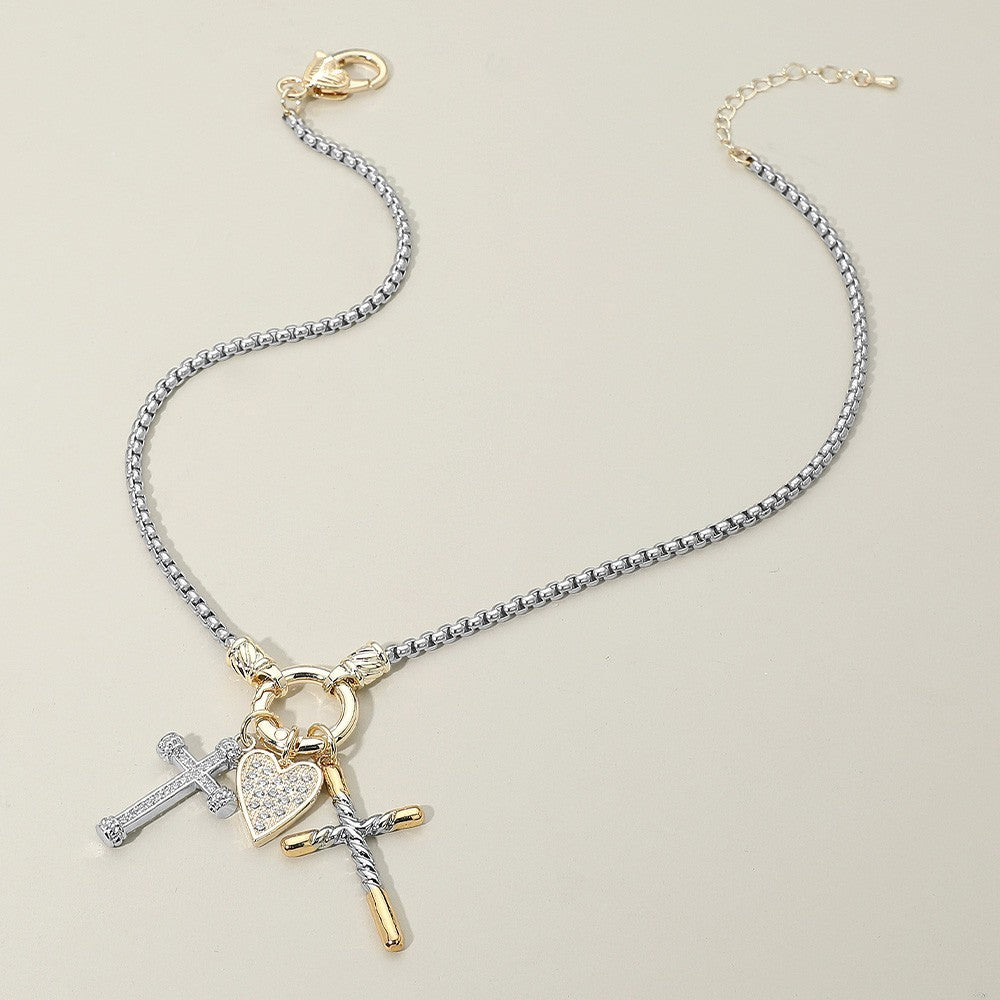 Two-Tone Pave Heart & Cross Charm Necklace Silver Gold Box Chain