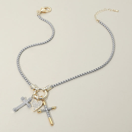Two-Tone Pave Heart & Cross Charm Necklace Silver Gold Box Chain