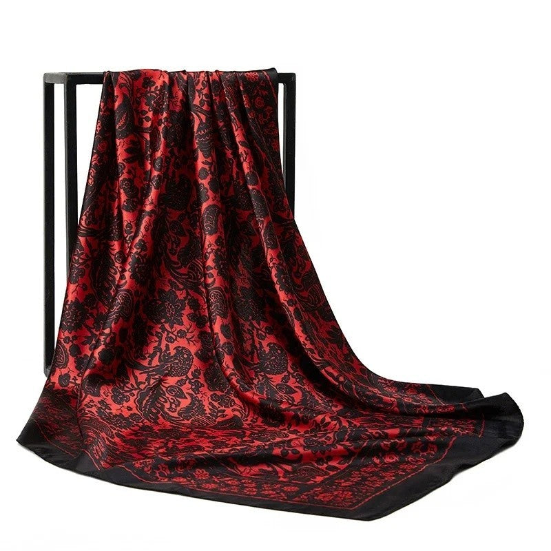 Womens Satin Square Scarf 90cm Red and Black Floral Print Head Scarf Shawl