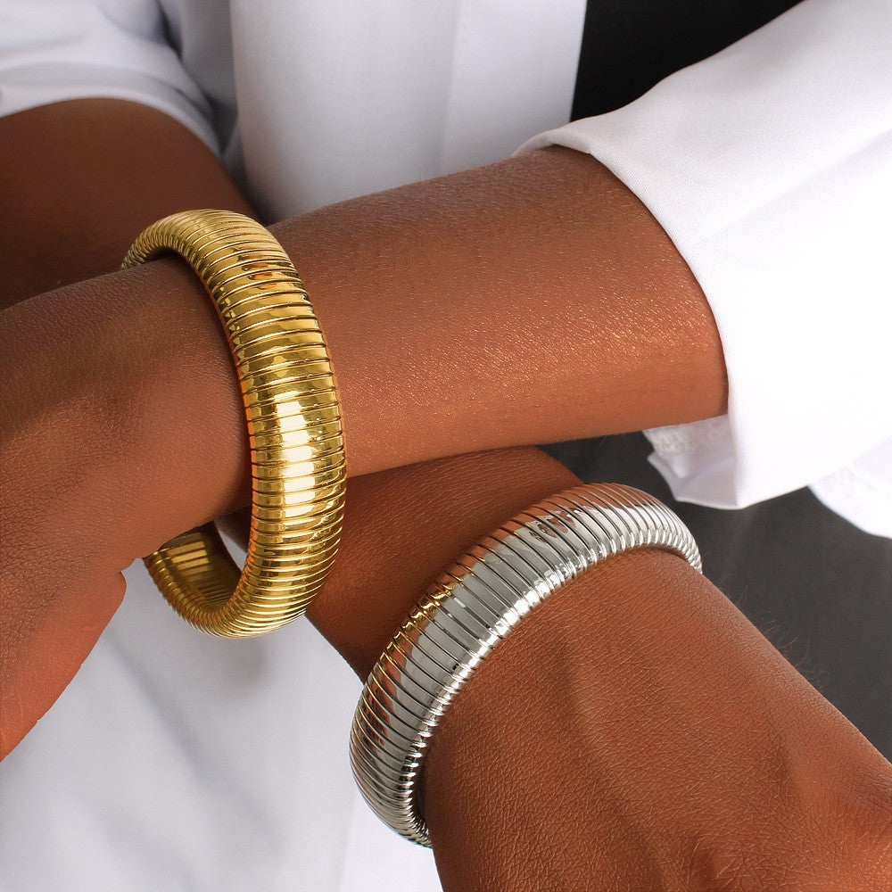 2 PC Tubogas Bracelets Set Gold & Silver Tone Ribbed Flexible Bangle