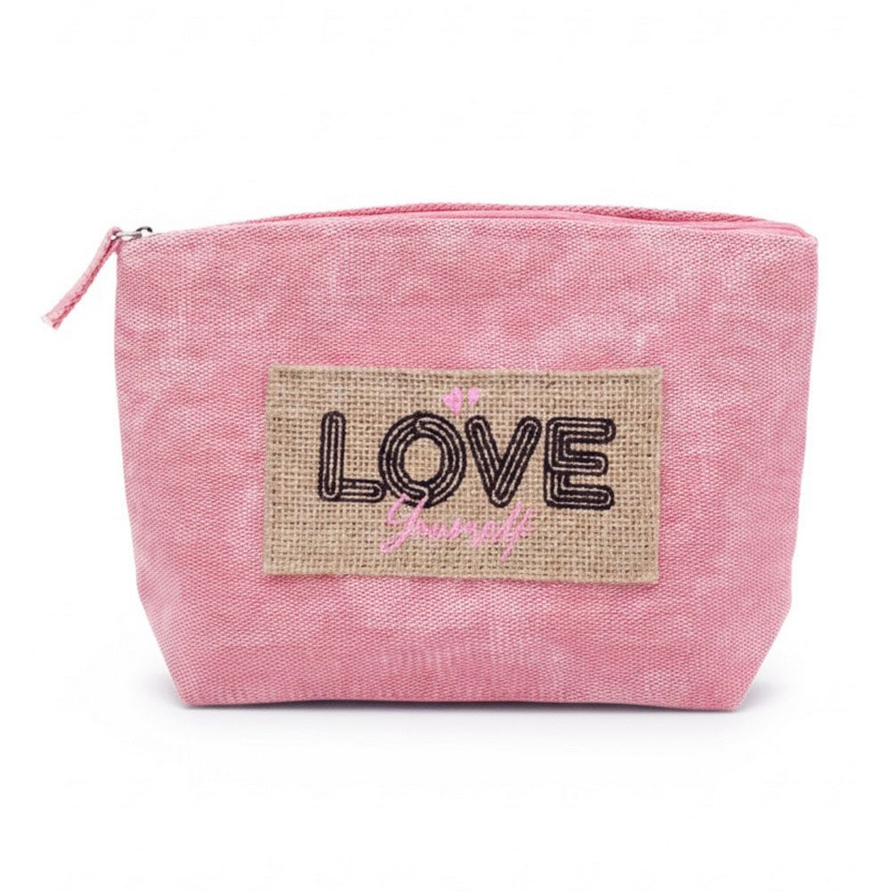 Love Yourself Pink Canvas Makeup Bag Burlap Patch Cosmetic Pouch 9.5x6x2.5 Inch
