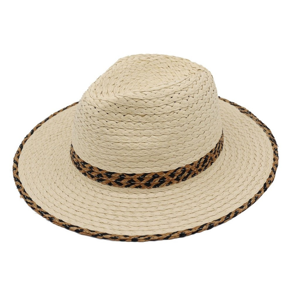 Summer Straw Fedora Sun Hat with Patterned Band and Braided Brim Accents