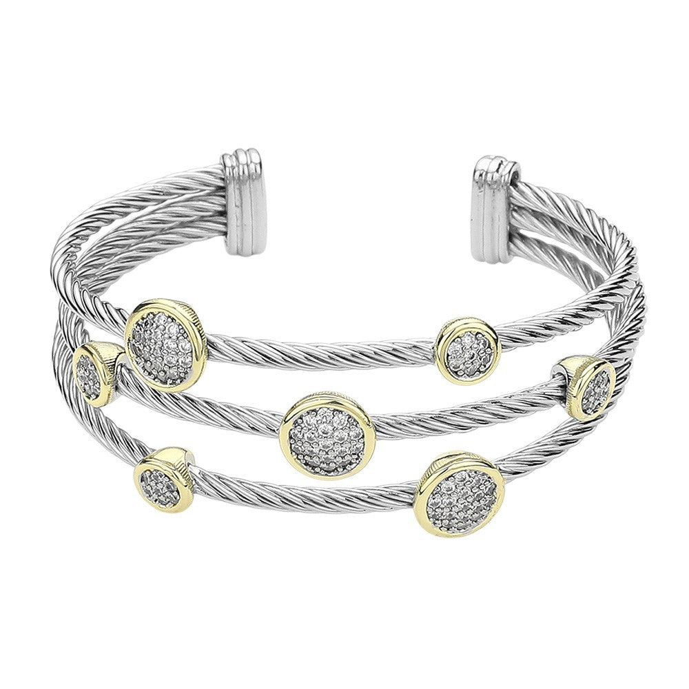 Stone Paved Round Bezel Pointed Split Cuff Bracelet Women’s Fashion Jewelry