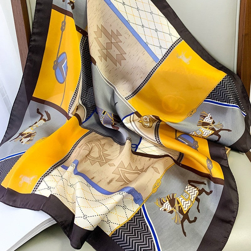 35in Yellow Grey Designer-Inspired Patchwork Square Scarf Head Wrap Chic