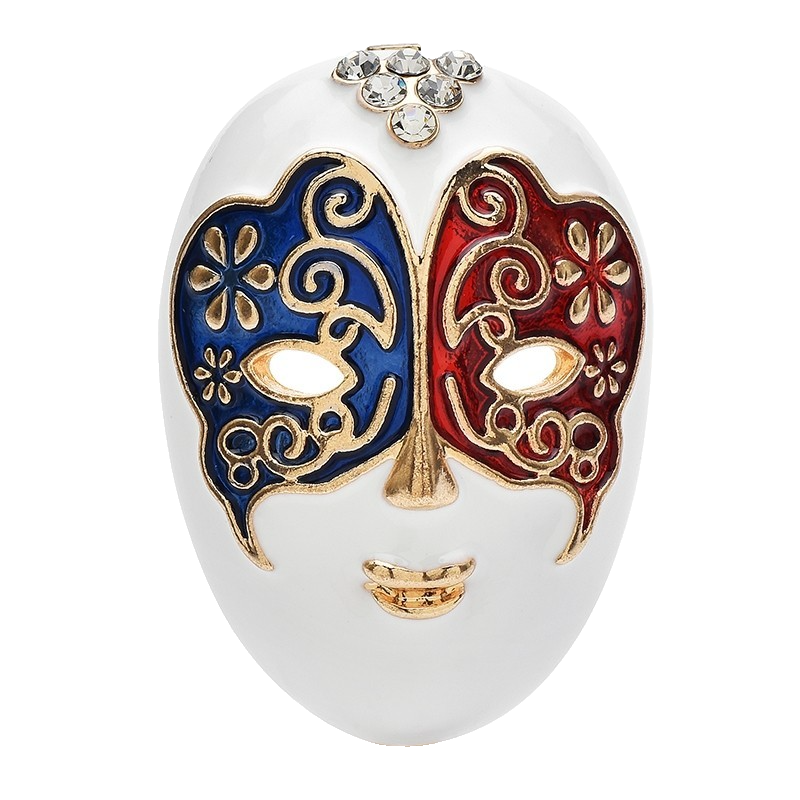 Venetian Carnival Mask Brooch Red Blue Enamel Rhinestone Pin 1.5 inch