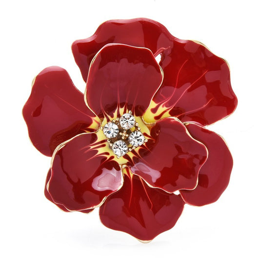 Poppy Flower Red Enamel Brooch Pin Gold Tone Crystal Rhinestone Jewelry