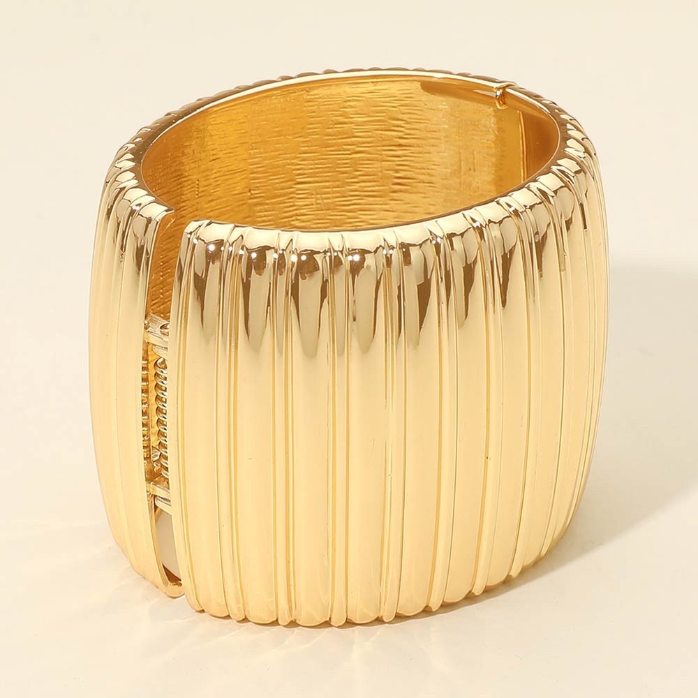 Gold Ribbed Cuff Bracelet Wide Chunky Hinged Bangle Statement Jewelry