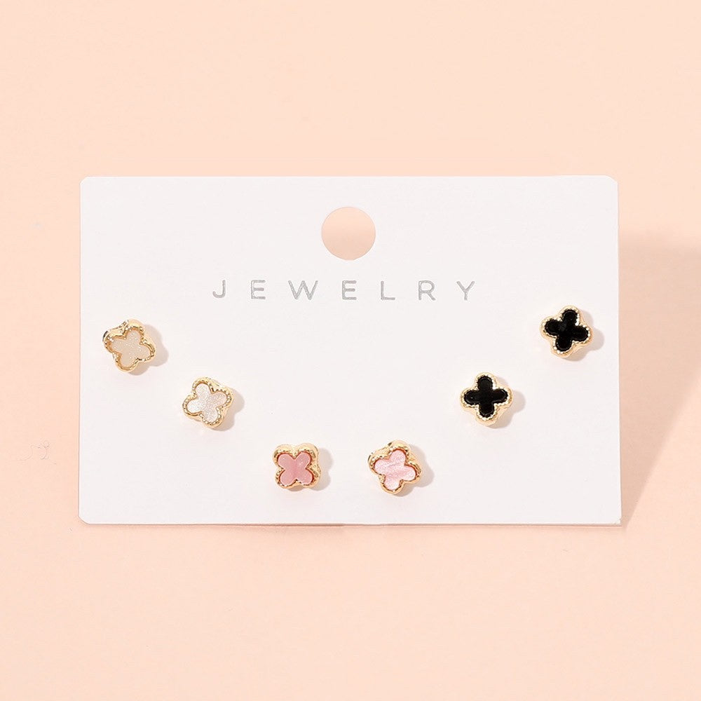 3pc Clover Stud Earrings Set Small Enamel Flower Jewelry for Women & Girls