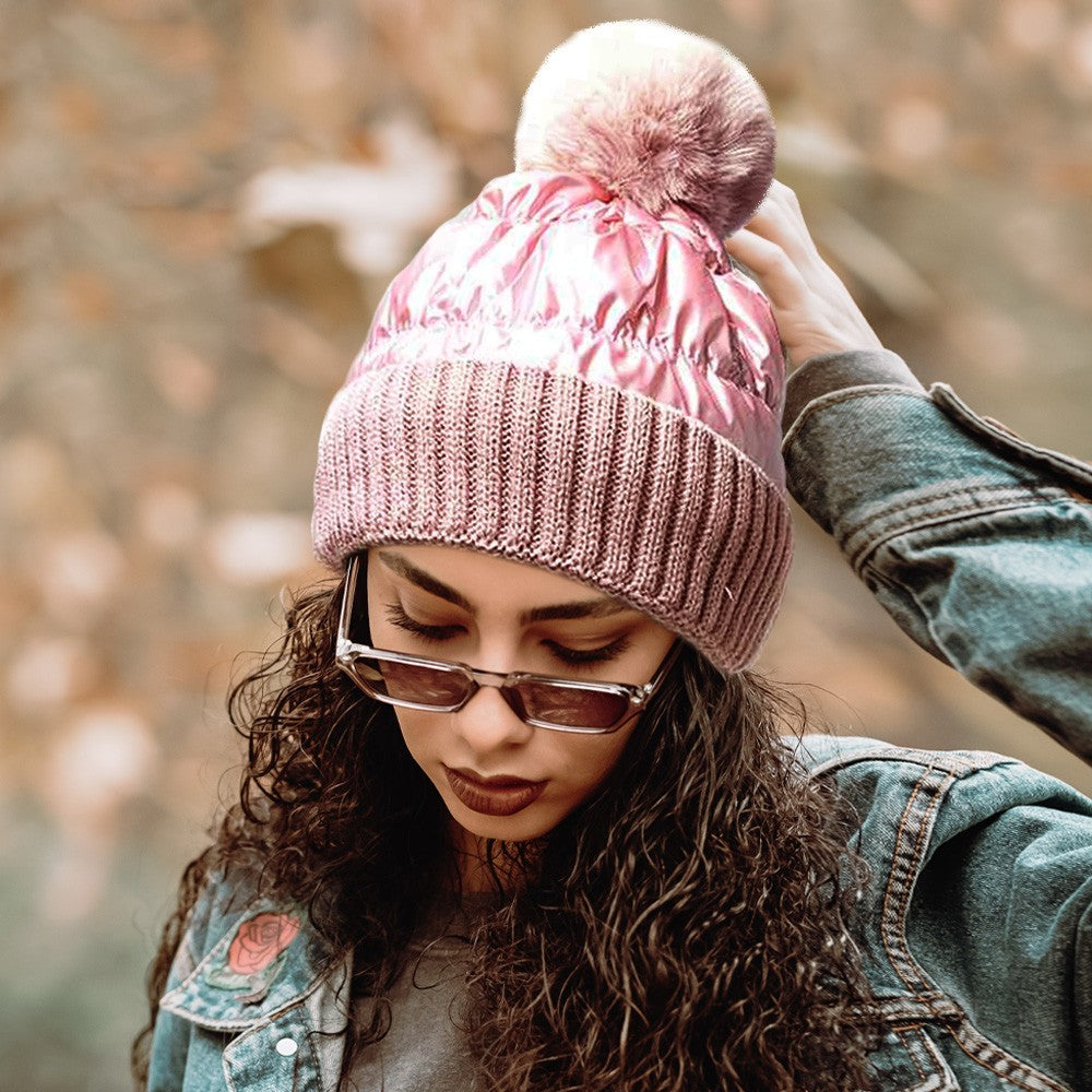 Metallic Pink Quilted Beanie Hat with Pom Pom Fleece Lined Winter Cap One Size