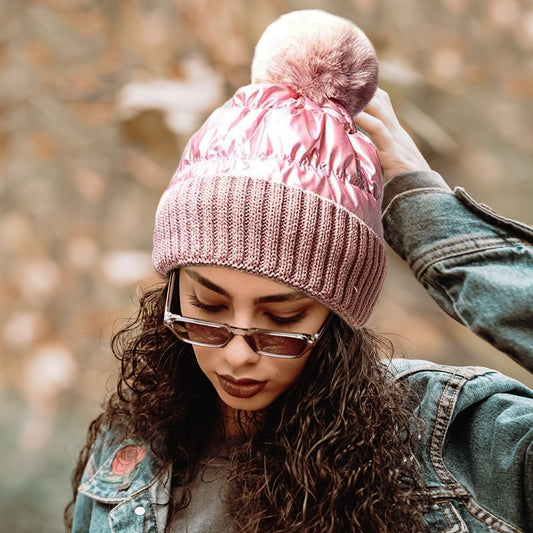 Metallic Pink Quilted Beanie Hat with Pom Pom Fleece Lined Winter Cap One Size