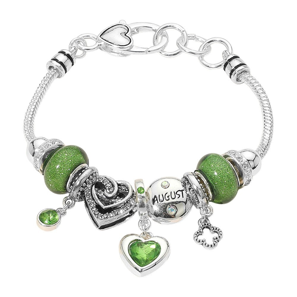 August Birthstone Bracelet Green Beaded Heart Charm Stretch Gift for Women