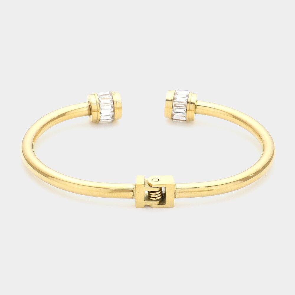 Stainless Steel Baguette Stone Nail Head Tip Hinged Cuff Bracelet