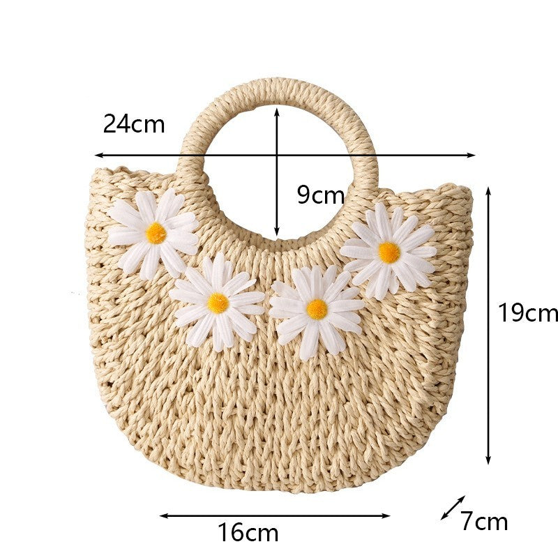 Hand-Woven Straw Daisy Bag for Women| Boho Moon-Shaped Summer Crossbody Purse