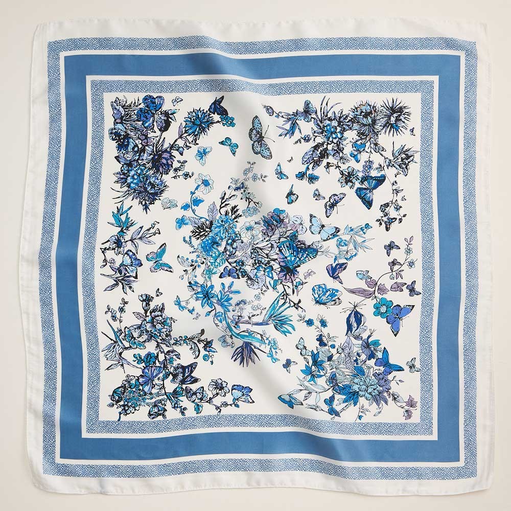 Blue Butterfly Flower Garden Print Square Silky Satin Scarf 25x25