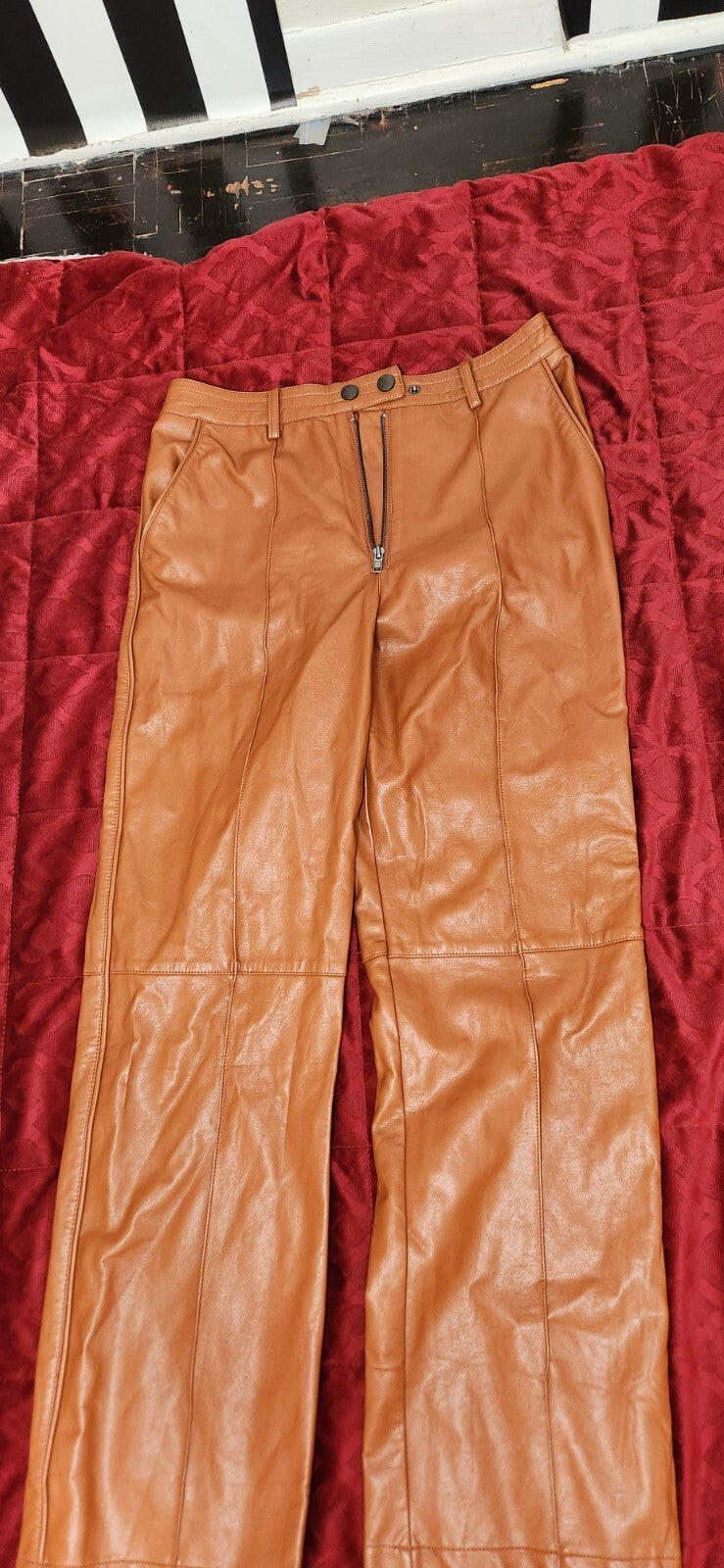 Elevated Option Brown Vegan Leather Straight Leg Pants Zip-Front Medium Lulus