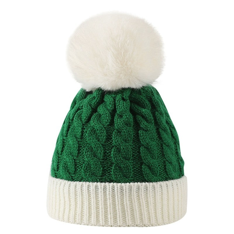 Green White Cotton Cable Knit Beanie Hat Cuffed Winter Faux Fur Pom Pom Cap