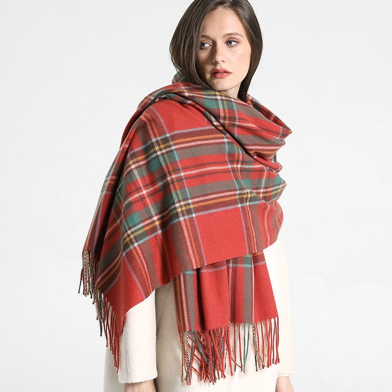 Women's Red Plaid Scarf Oversized Tartan Winter Wrap Tassel Shawl