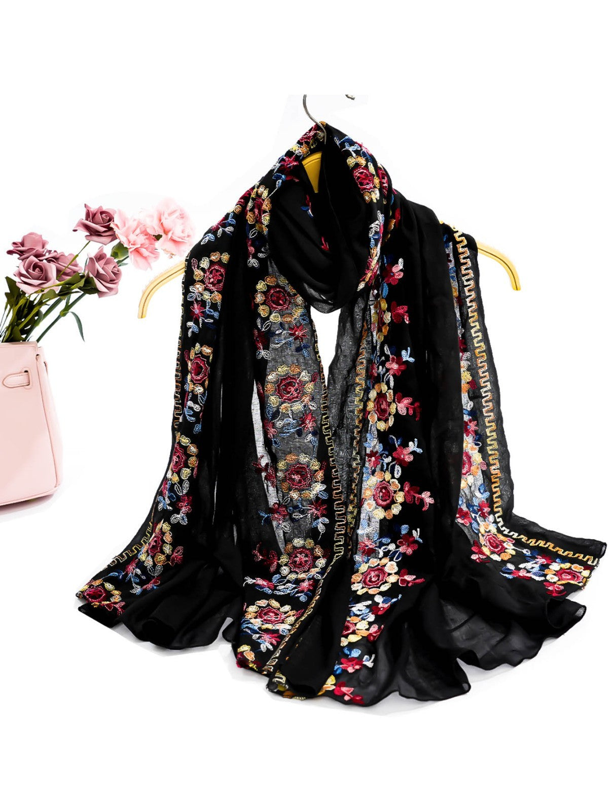 2Pcs Black Embroidered Floral Shawl Wrap Scarf Set Oversize Lightweight Sheer