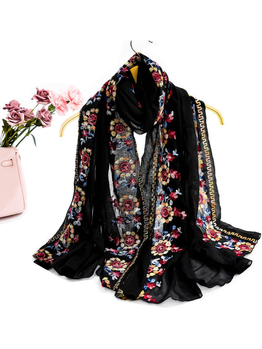 2Pcs Black Embroidered Floral Shawl Wrap Scarf Set Oversize Lightweight Sheer