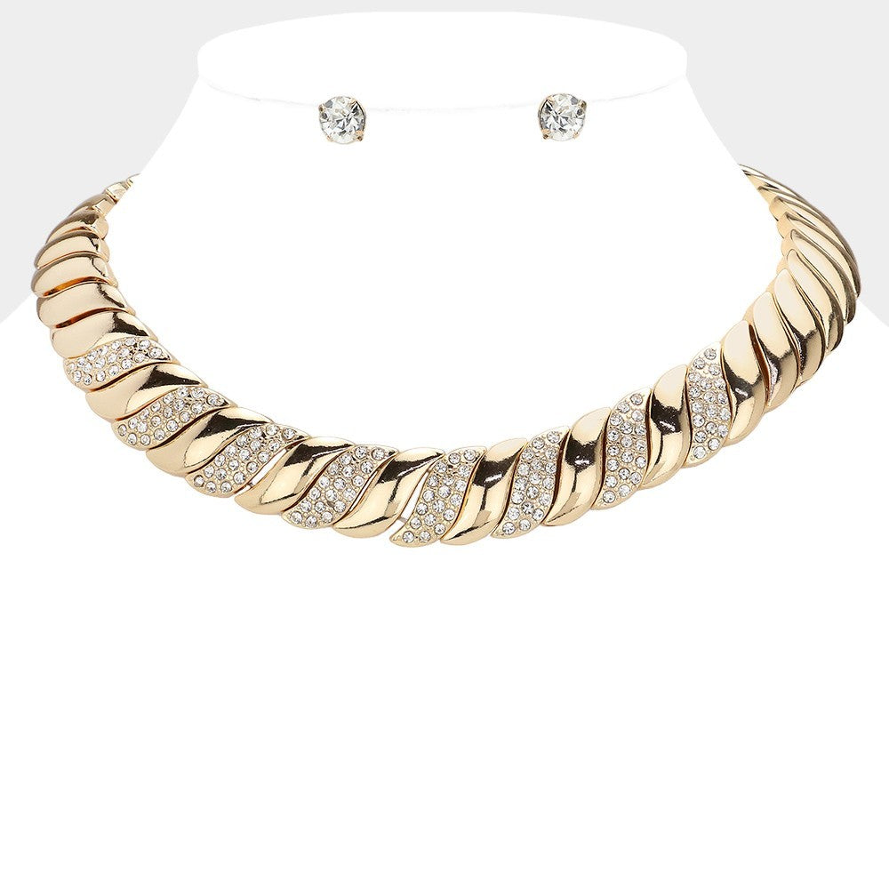 Stone Paved Chunky Metal Spiral Collar Choker Necklace with Stud Earrings Gold