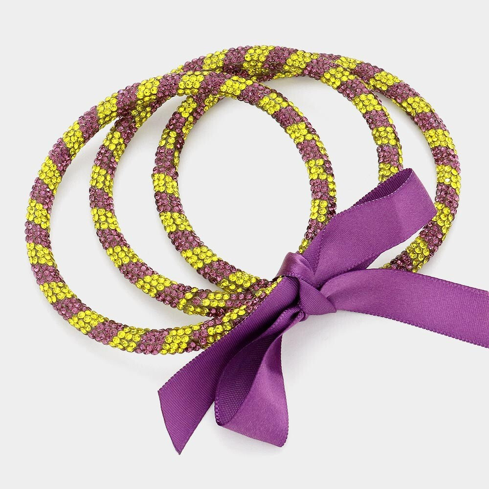 Yellow & Purple 3PCS Rhinestone Stackable  Bangle Bracelets for Women Jewelry